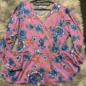 Cato Pink Blouse with Blue and Gold Floral Pattern